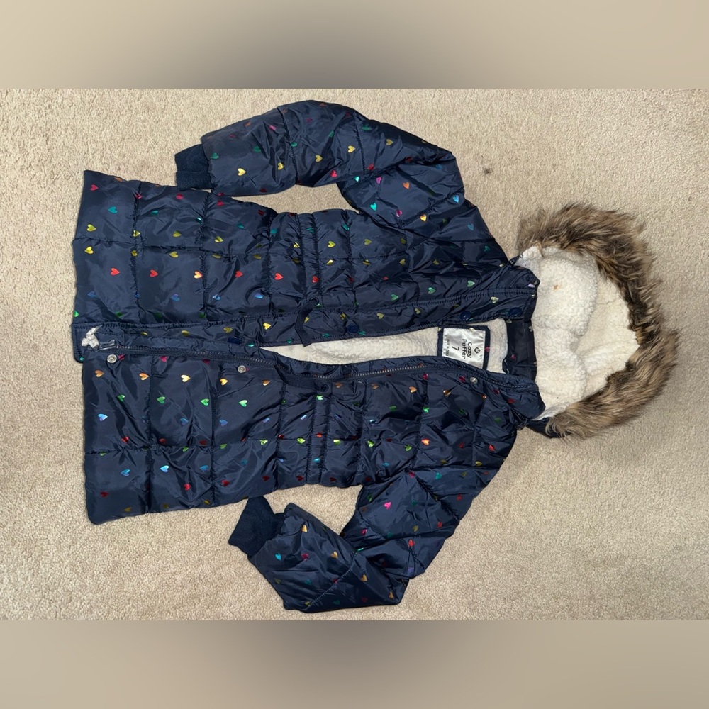 Plush Navy with Hearts winter coat. Sherpa and fleece lined interior. Size 7.